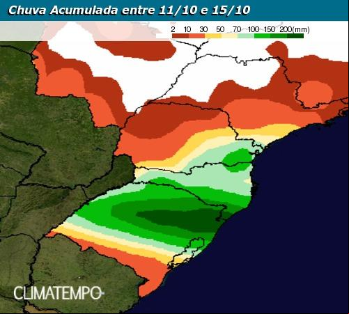 Mapa de precipitação acumulada de 05/10 a 09/10 para o Sul do Brasil - Climatempo