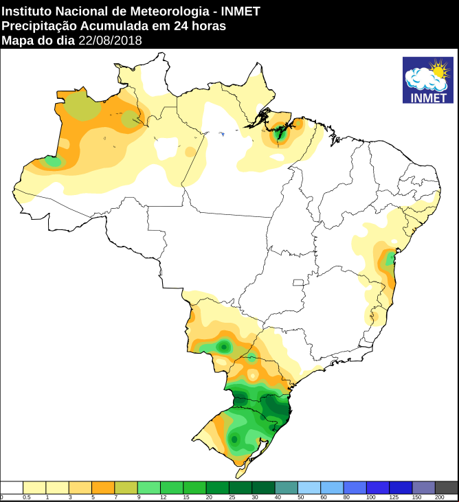 Mapa das áreas com precipitação acumulada nas últimas 24 horas em todo o Brasil - Fonte: Inmet