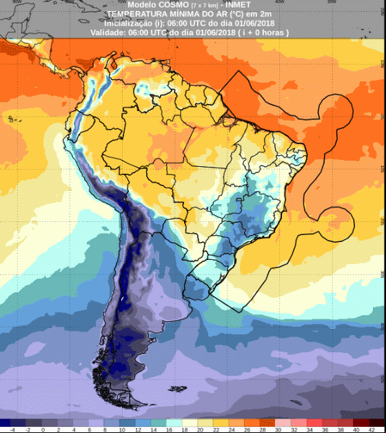 Mapa com a previsão de temperaturas mínimas para até 72 horas (01/06 a 04/06) em todo o Brasil - Fonte: Inmet