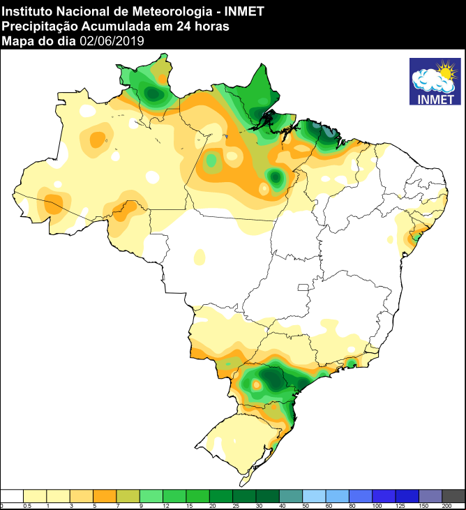 Mapa de precipitação acumulada das últimas 24 horas em todo o Brasil - Fonte: Inmet