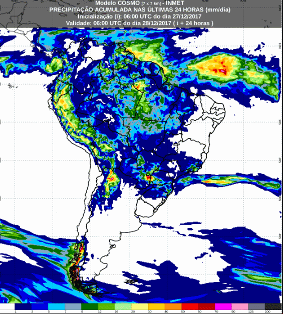Mapa com a previsão de precipitação acumulada para até 72 horas (28/12 a 30/12) para todo o Brasil  - Fonte: Inmet
