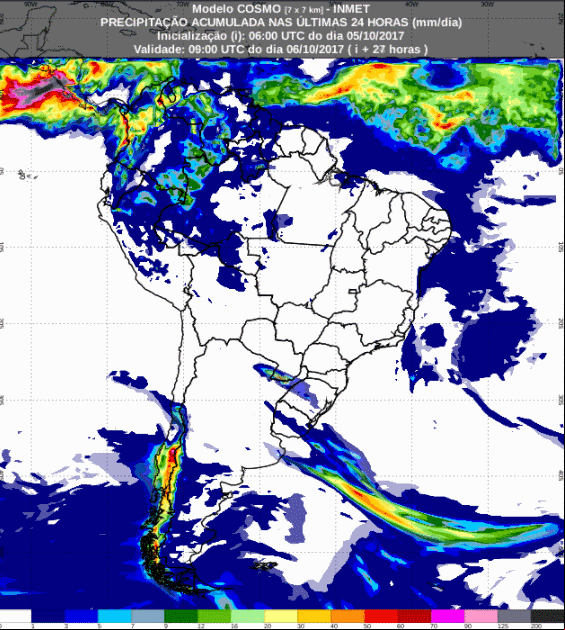 Mapa com a previsão de precipitação acumulada para até 72 horas (06/10 a 08/10) para todo o Brasil - Inmet