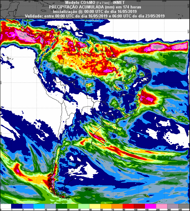 Mapa de precipitação acumulada dos próximos 7 dias no Brasil - Fonte: Inmet