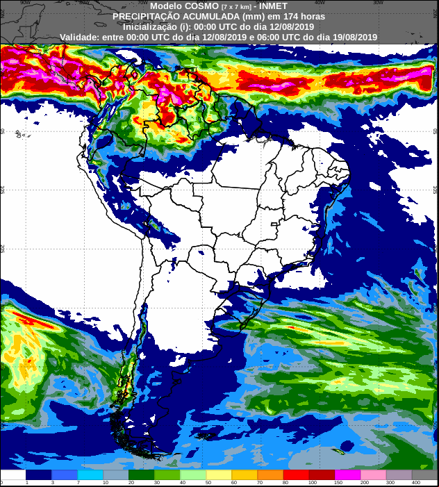 Mapa das áreas com a previsão de precipitação acumulada para os próximos 7 dias - Fonte: Inmet