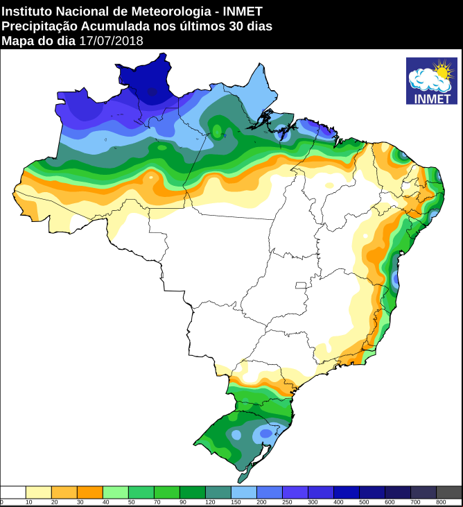 Mapa com a precipitação acumulada nos últimos 30 dias em todo o Brasil - Fonte: Inmet