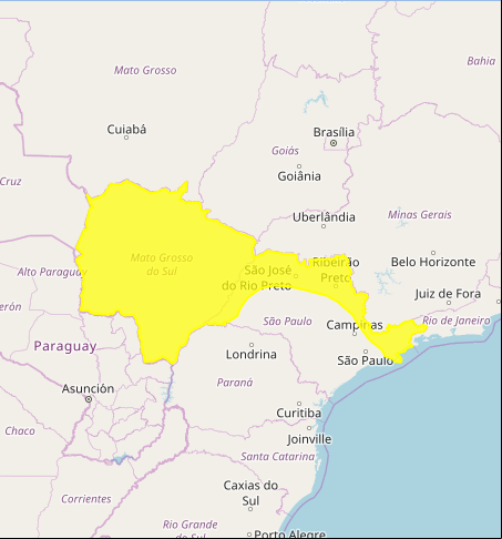 Mapa das áreas com previsão de chuvas intensas nesta 4ª feira / MS e SP - Fonte: Inmet