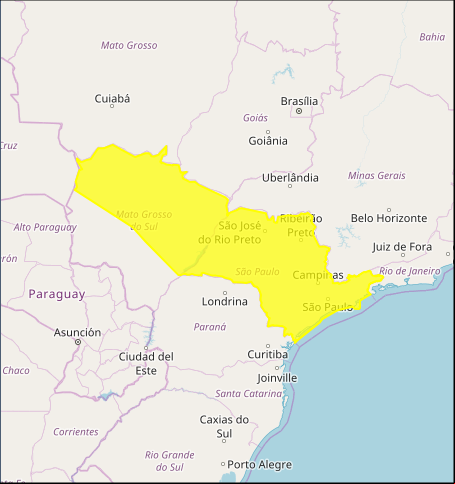 Mapa das áreas com previsão de chuvas intensas nesta 4ª feira - Fonte: Inmet