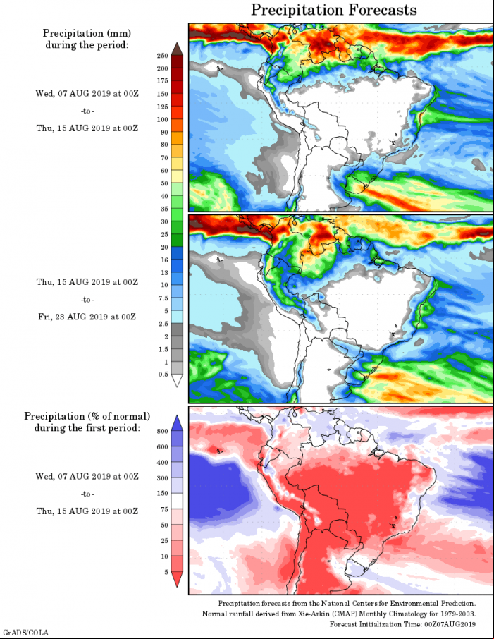 Mapa com a tendência de precipitação acumulada para o período de 07 até 23 de agosto - Fonte: National Centers for Environmental Prediction/NOAA