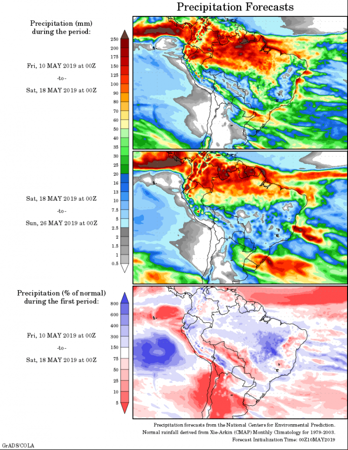 Mapa com a tendência de precipitação acumulada para o período de 10 de maio até 26 de maio - Fonte: National Centers for Environmental Prediction/NOAA