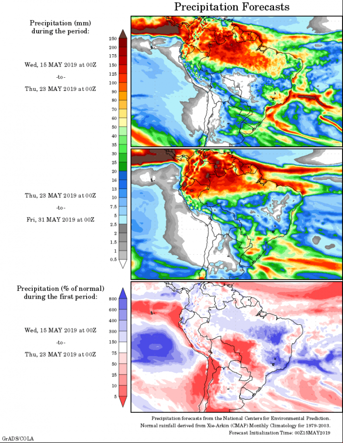Mapa com a tendência de precipitação acumulada para o período de 15 de maio até 31 de maio - Fonte: National Centers for Environmental Prediction/NOAA