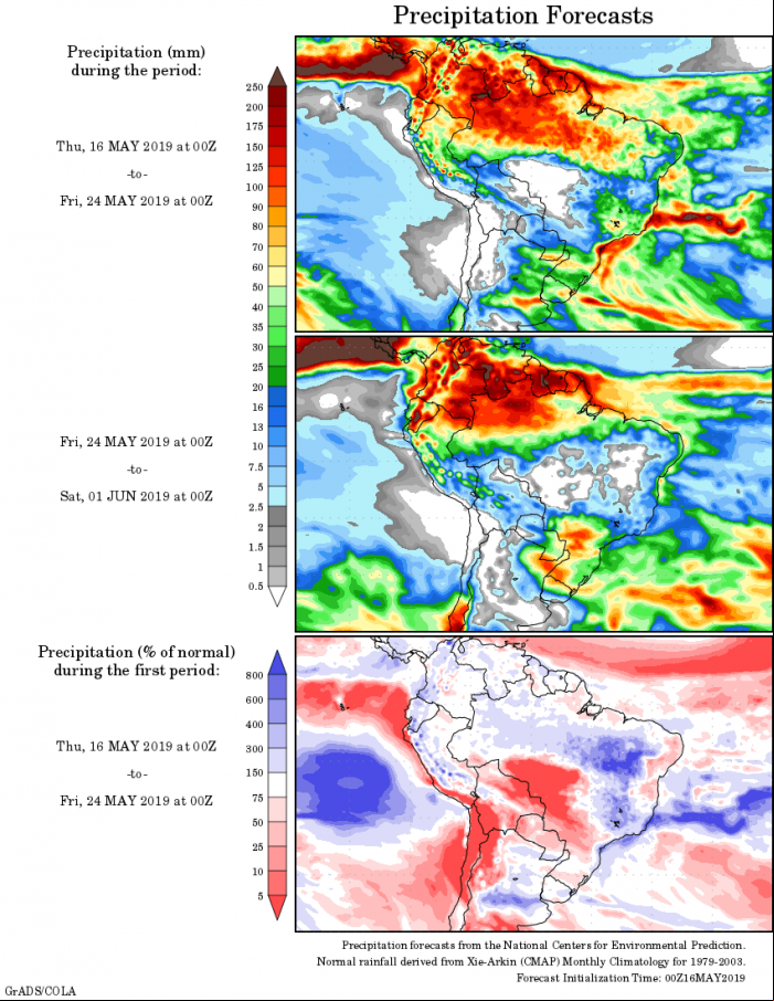 Mapa com a tendência de precipitação acumulada para o período de 16 de maio até 01 de junho - Fonte: National Centers for Environmental Prediction/NOAA
