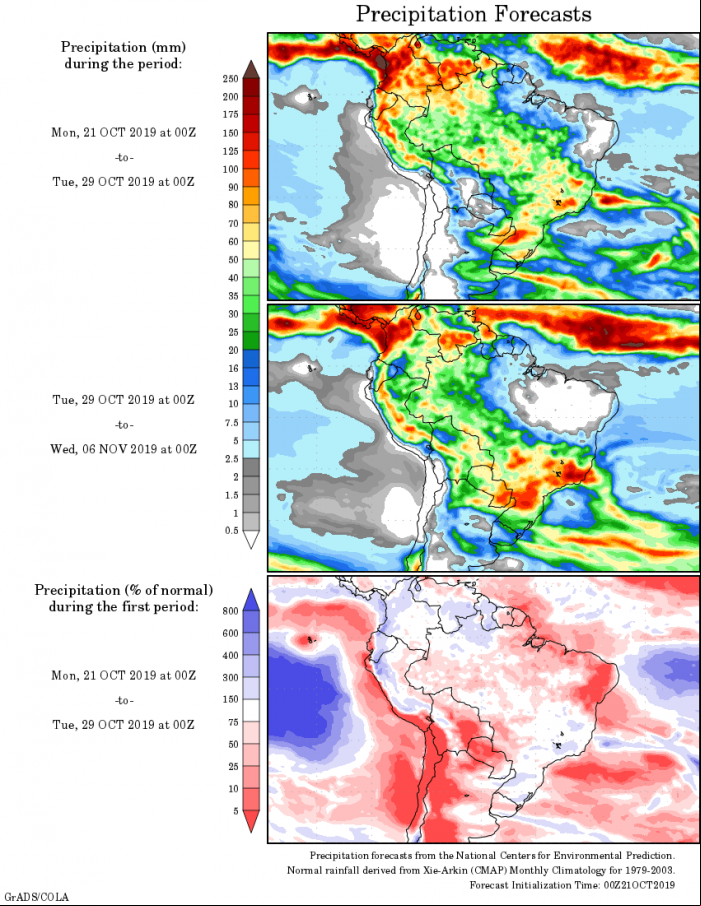Mapa com a tendência de precipitação acumulada para o período de 21 de outubro até 06 de novembro - ​Fonte: National Centers for Environmental Prediction/NOAA