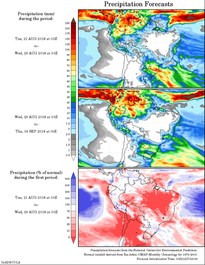 Mapa com a precipitação acumulada para o período de 21 de agosto até 06 de setembro - Fonte: Inmet