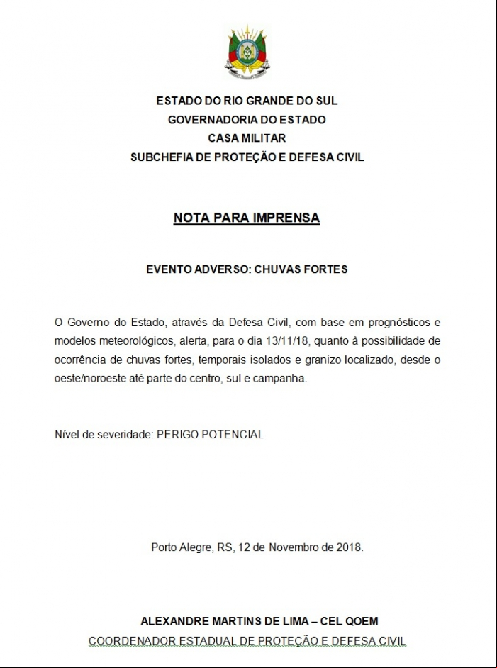 Aviso chuvas fortes Governo RS