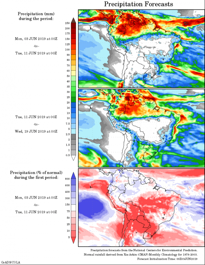 Mapa com a tendência de precipitação acumulada para o período de 03 até 19 de junho - Fonte: National Centers for Environmental Prediction/NOAA